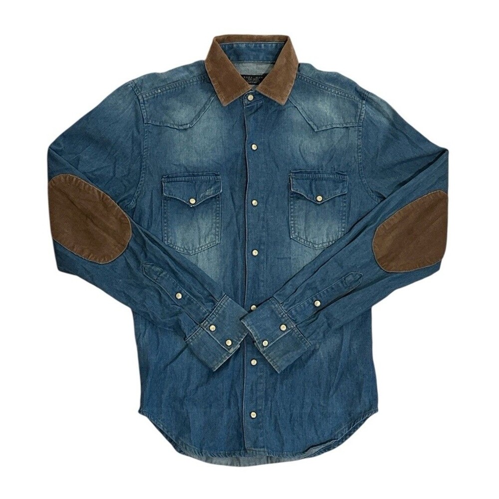Zara Man Moda Sport Western Denim Pearl Snap Button Up Corduroy Collar Sz Small